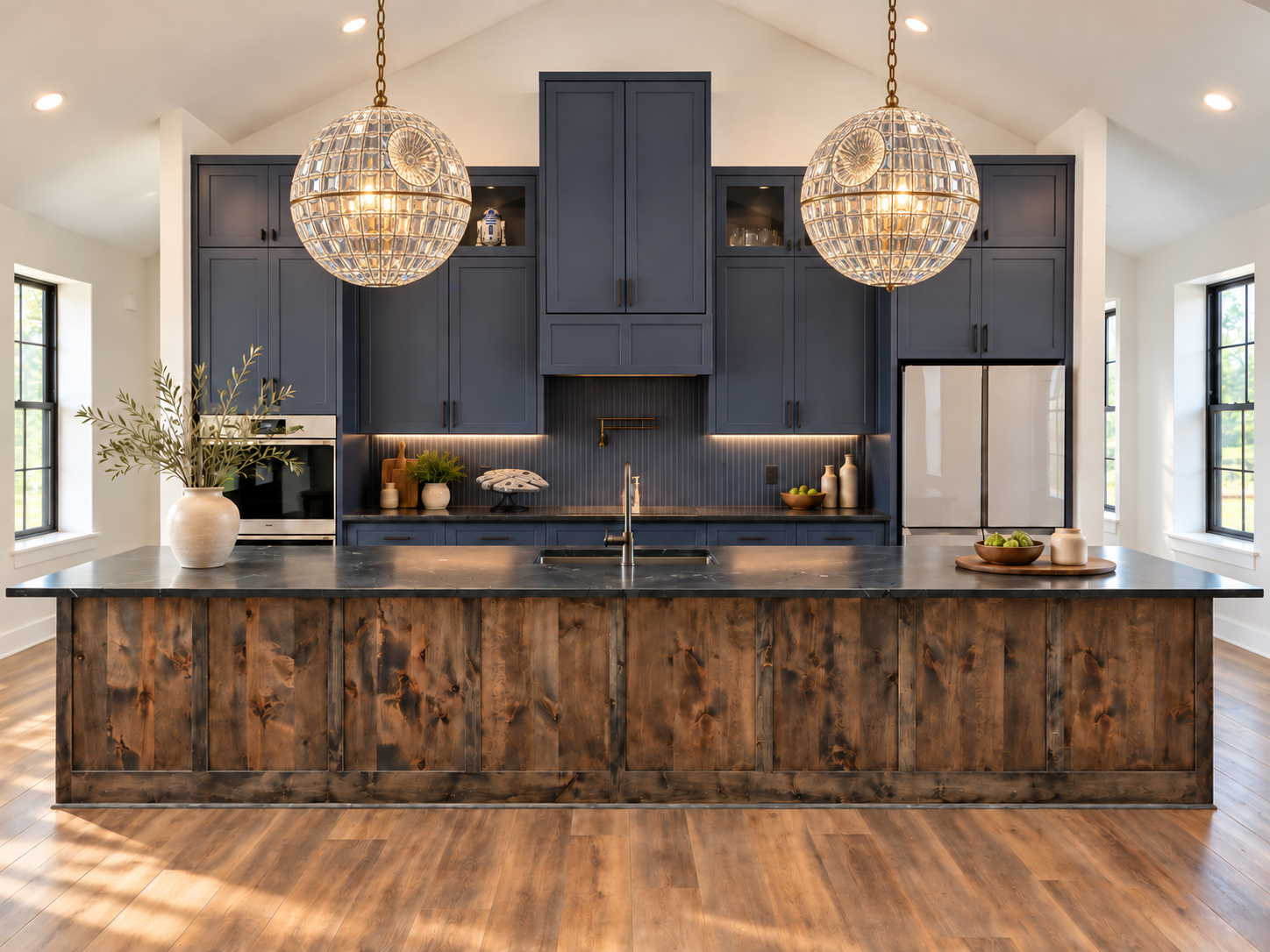 Rapid Granite kitchen, virtually staged with crystal Death Star-inspired chandeliers