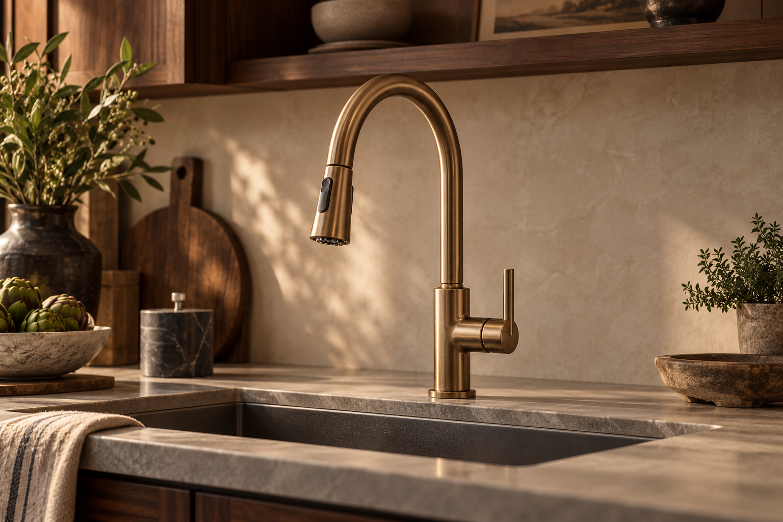 Warm brushed bronze pull-down faucet in a walnut kitchen