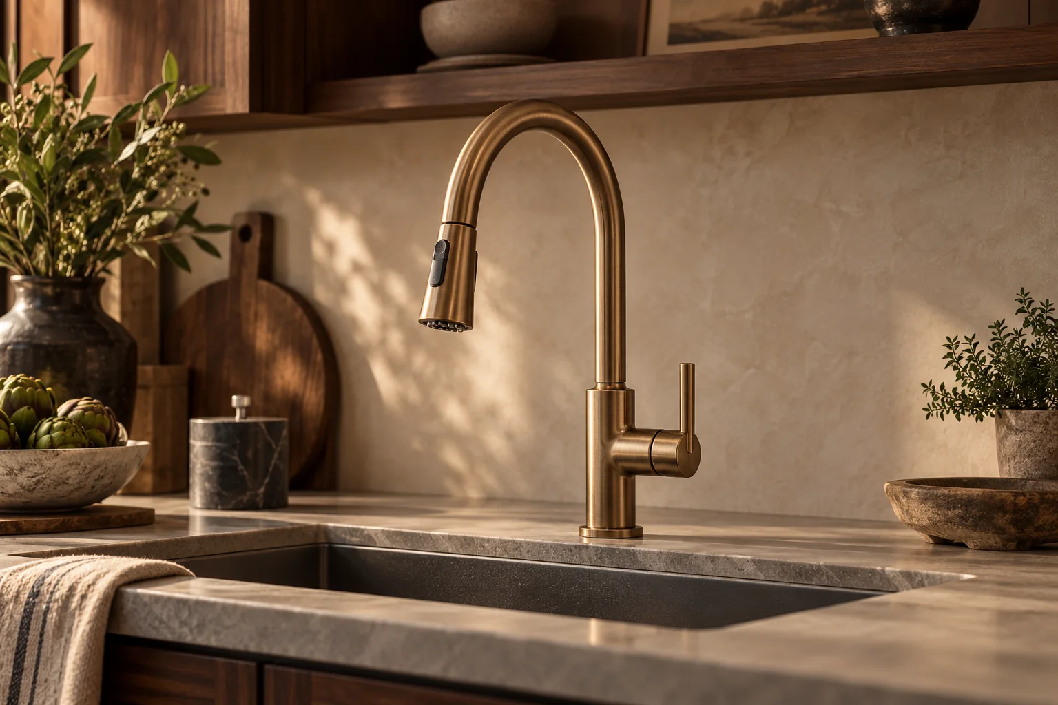 Warm brushed bronze pull-down faucet in a walnut kitchen