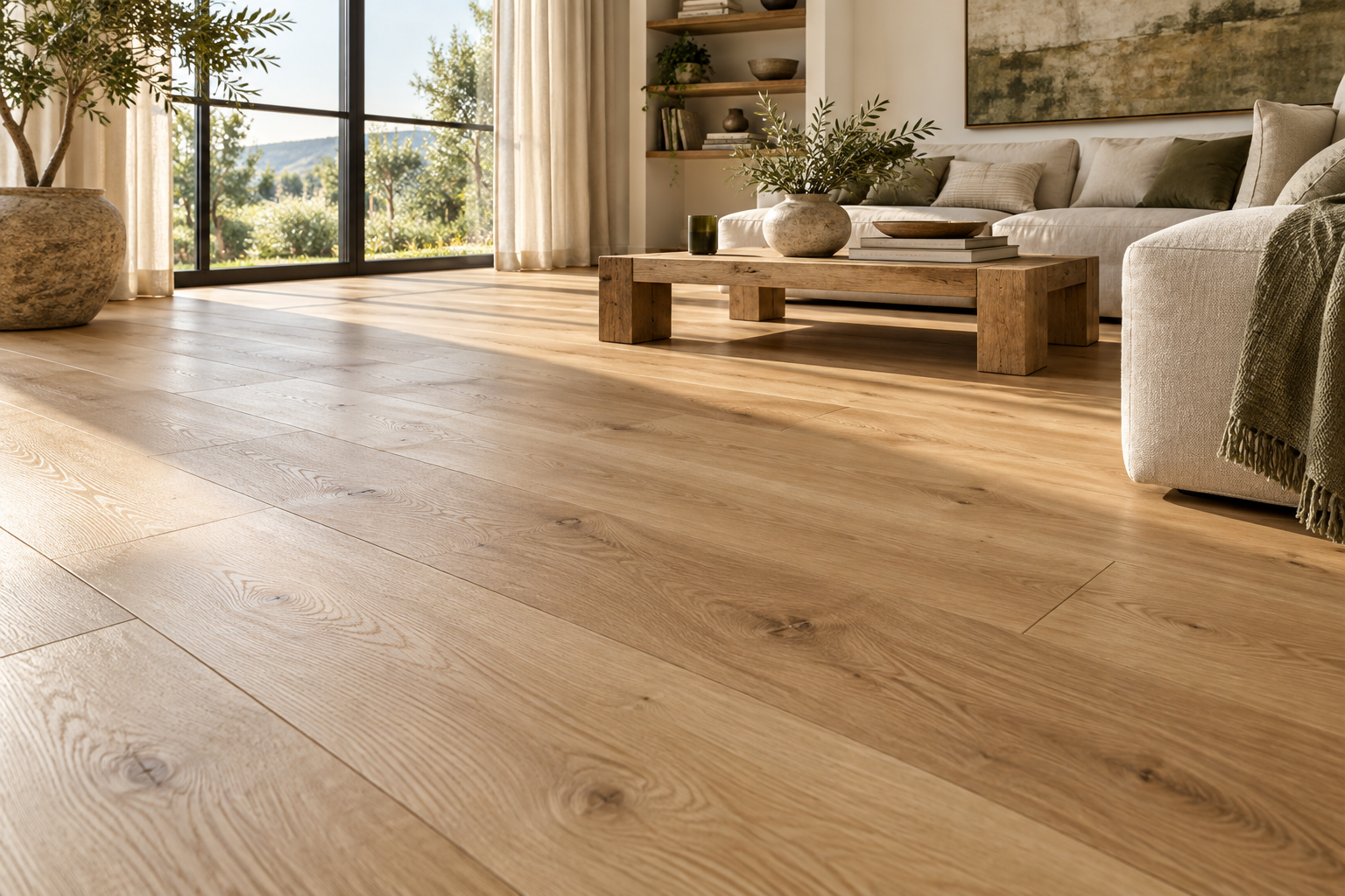 Light oak wide-plank flooring in a sunlit living room