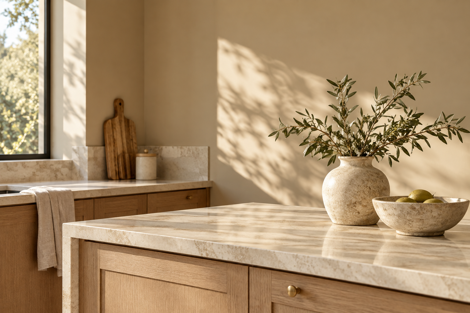 Warm khaki wall with oak cabinetry and light stone