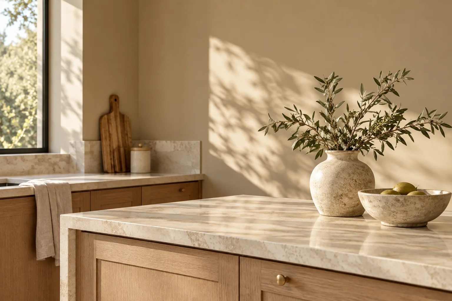 Warm khaki wall with oak cabinetry and light stone