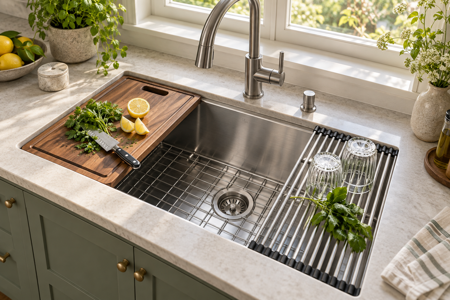 Stainless steel workstation sink with a fitted cutting board and drying rack