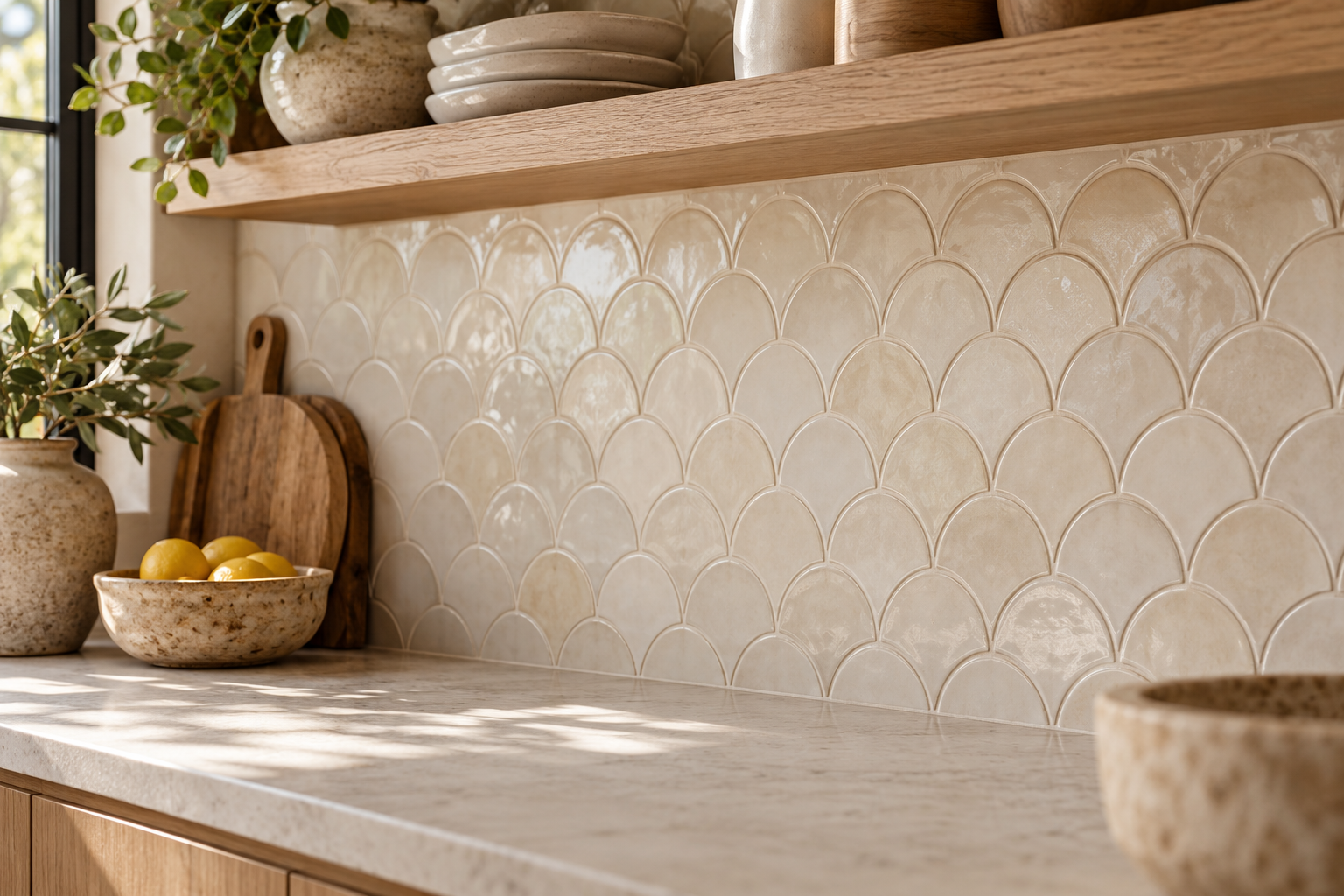 Cream scalloped tile backsplash with warm oak shelving