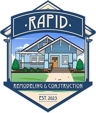 Logo of "Rapid Remodeling & Construction" featuring a blue house with a porch and green bushes. The design includes the text "Est. 2023" on the bottom.