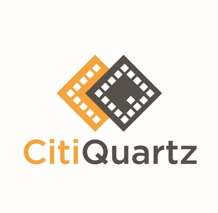 Logo of CitiQuartz featuring two overlapping diamond shapes with square patterns, one in orange and the other in gray. Below, the text "CitiQuartz" is written, with "Citi" in orange and "Quartz" in gray.