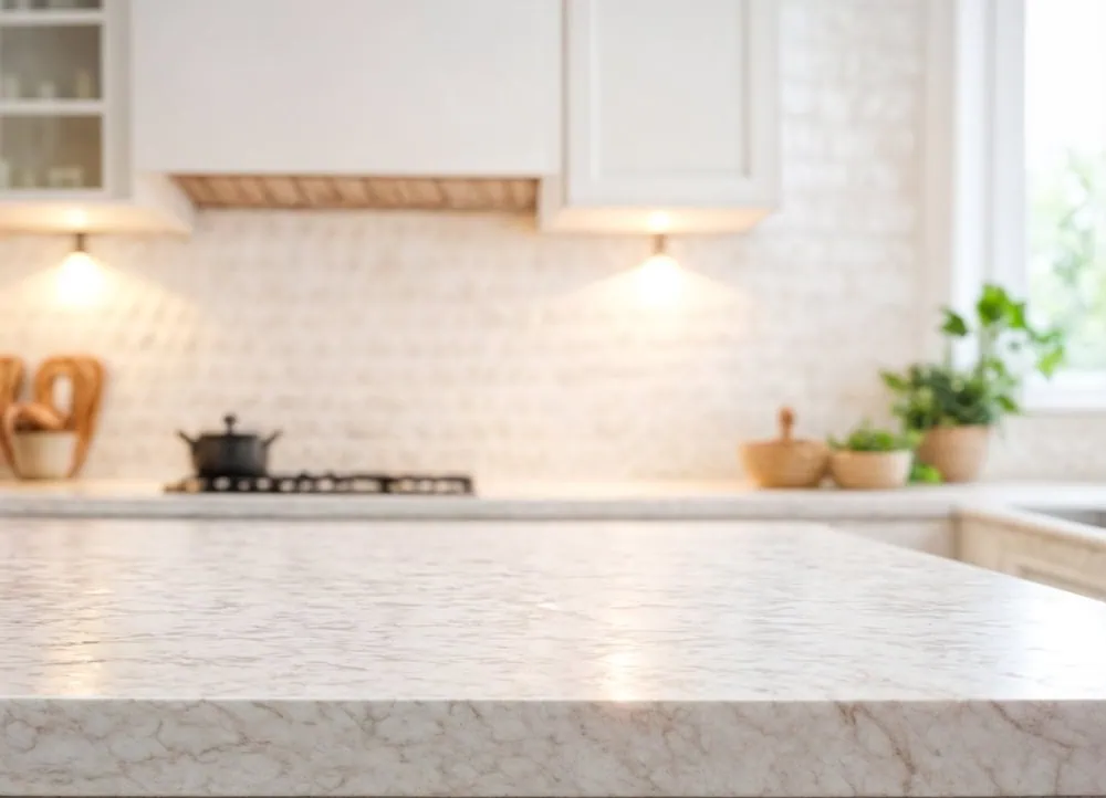 A bright kitchen features a marble countertop in the foreground. The backsplash is made of light-colored bricks. Wooden utensils and small plants are in the corner, with a stove and a pot in the background under soft lighting.