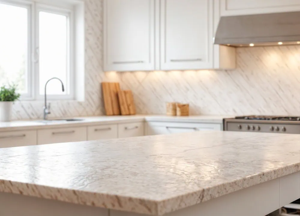 Modern kitchen with a large marble island in the foreground. White cabinets and a stainless steel oven are visible, along with a plant, wooden cutting boards, and under-cabinet lighting. A window is on the left, allowing natural light in.